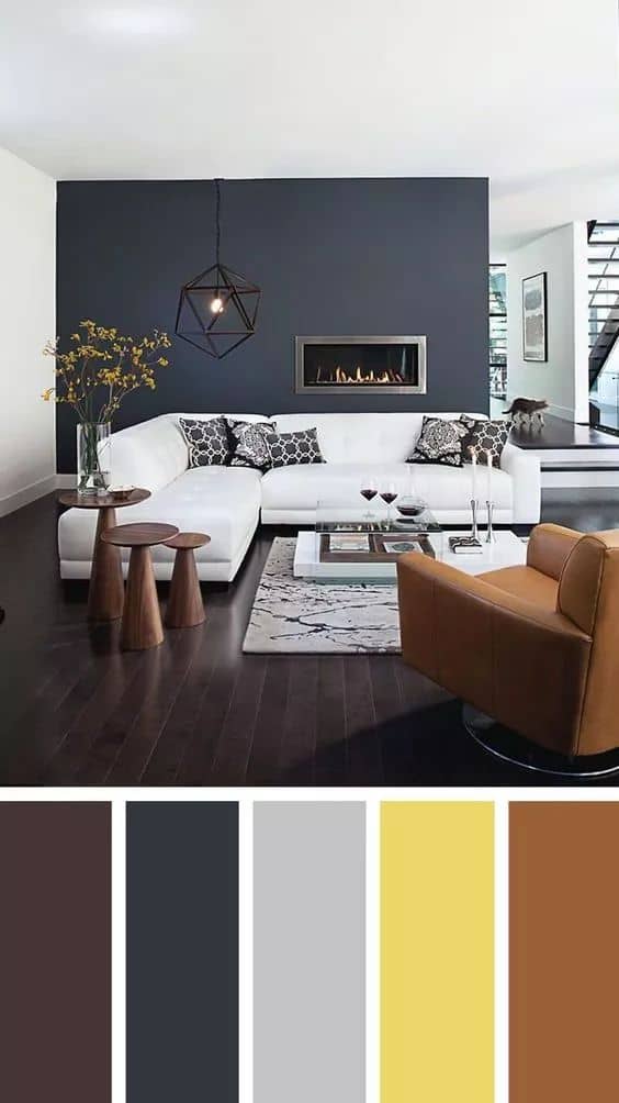 cool dark violet blue grey yellow brown living room