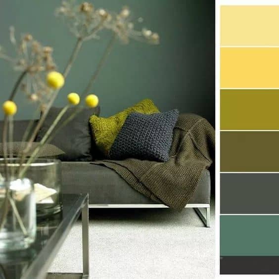 deep tone yellow green grey blue living room