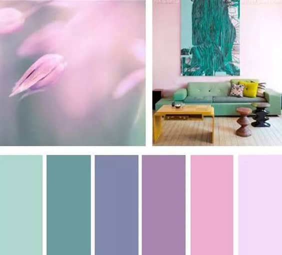 girlish pastel blue green violet pink beige living room