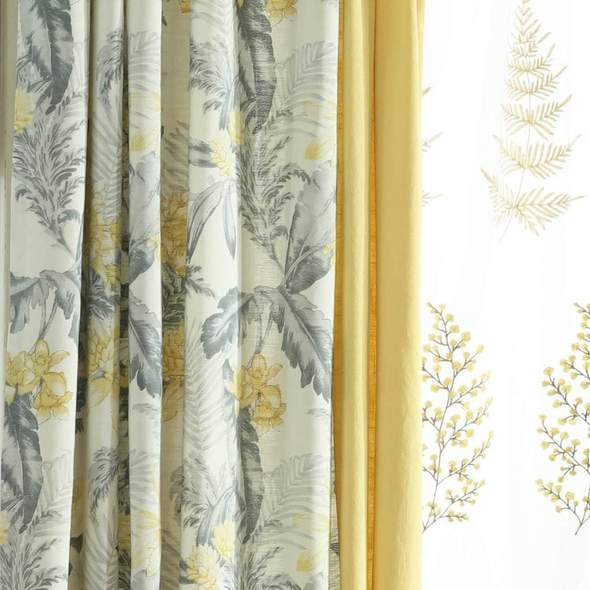 Yellow Flowers Curtains Gray Leaf Drapes for Bedroom 1 Set of 2 Panels