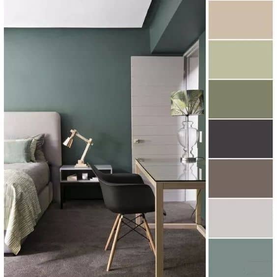 minimalist peach green violet brown grey light blue bedroom