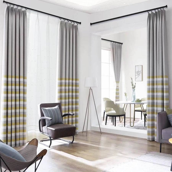 yellow gray striped curtains for living room