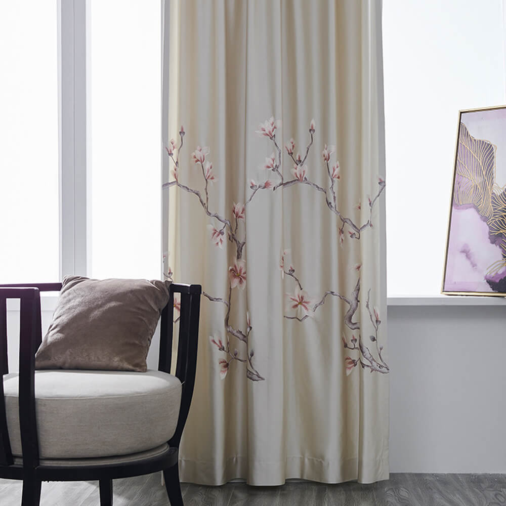 Magnolia Flower Embroidered Beige Curtains Anady Top