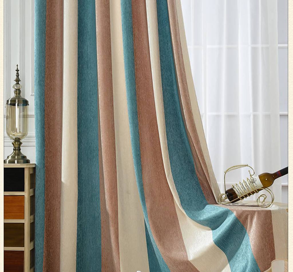 Blue/Brown/Beige Striped Curtains Grommet Top Chenille Drapes for Bedr ...