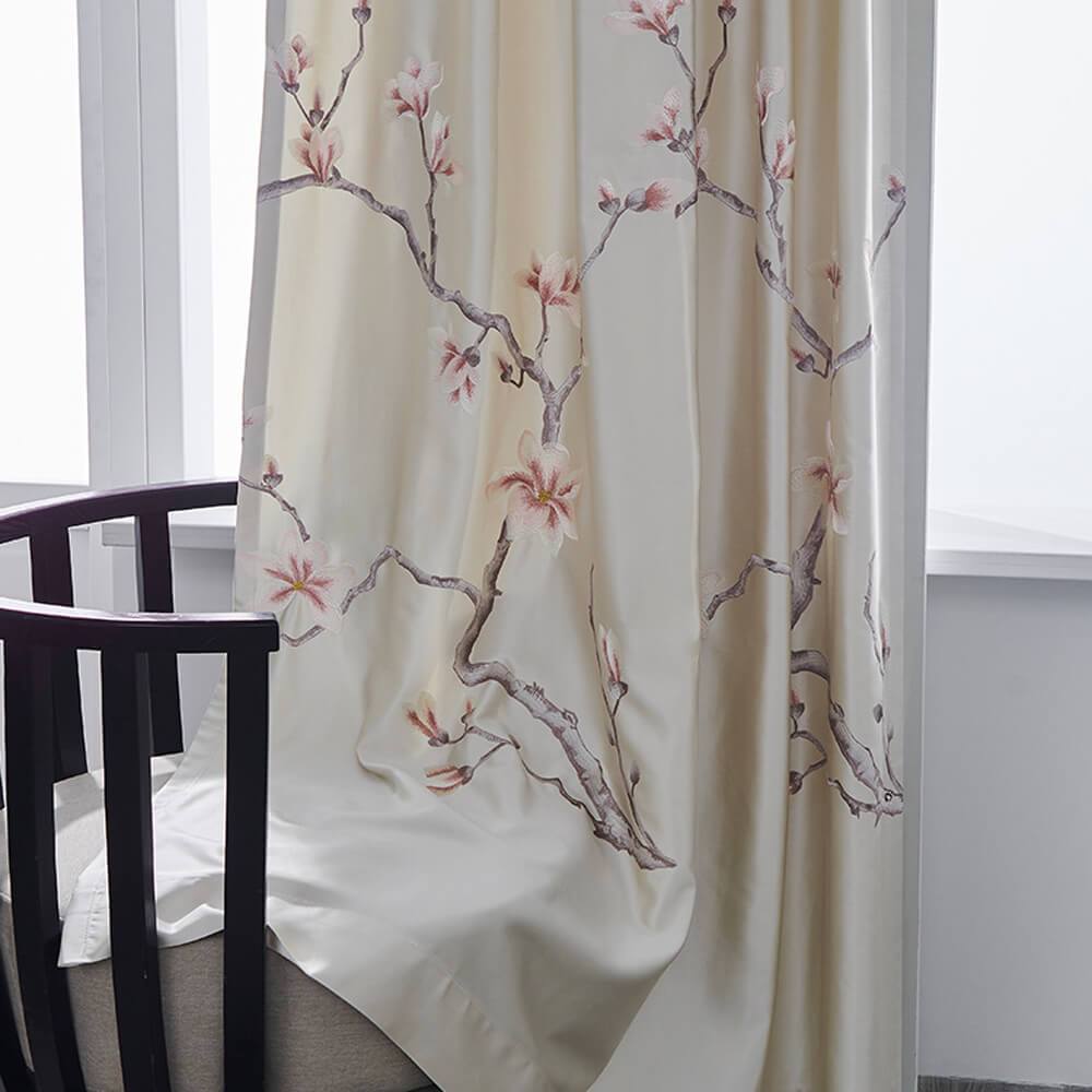 Magnolia Flower Embroidered Beige Curtains Anady Top