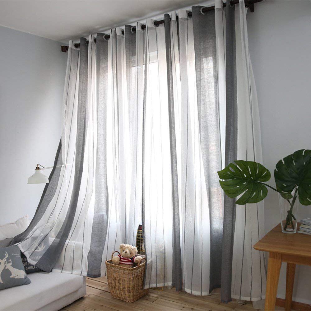 white and gray sheer curtains with valance