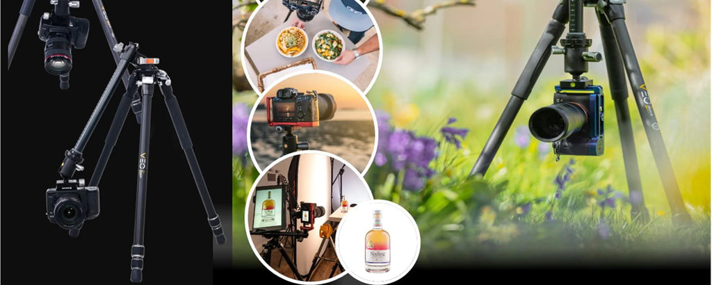 VEO 3+三脚シリーズとその多様な使用例を示すコラージュ、風景、フード、商品写真撮影に最適