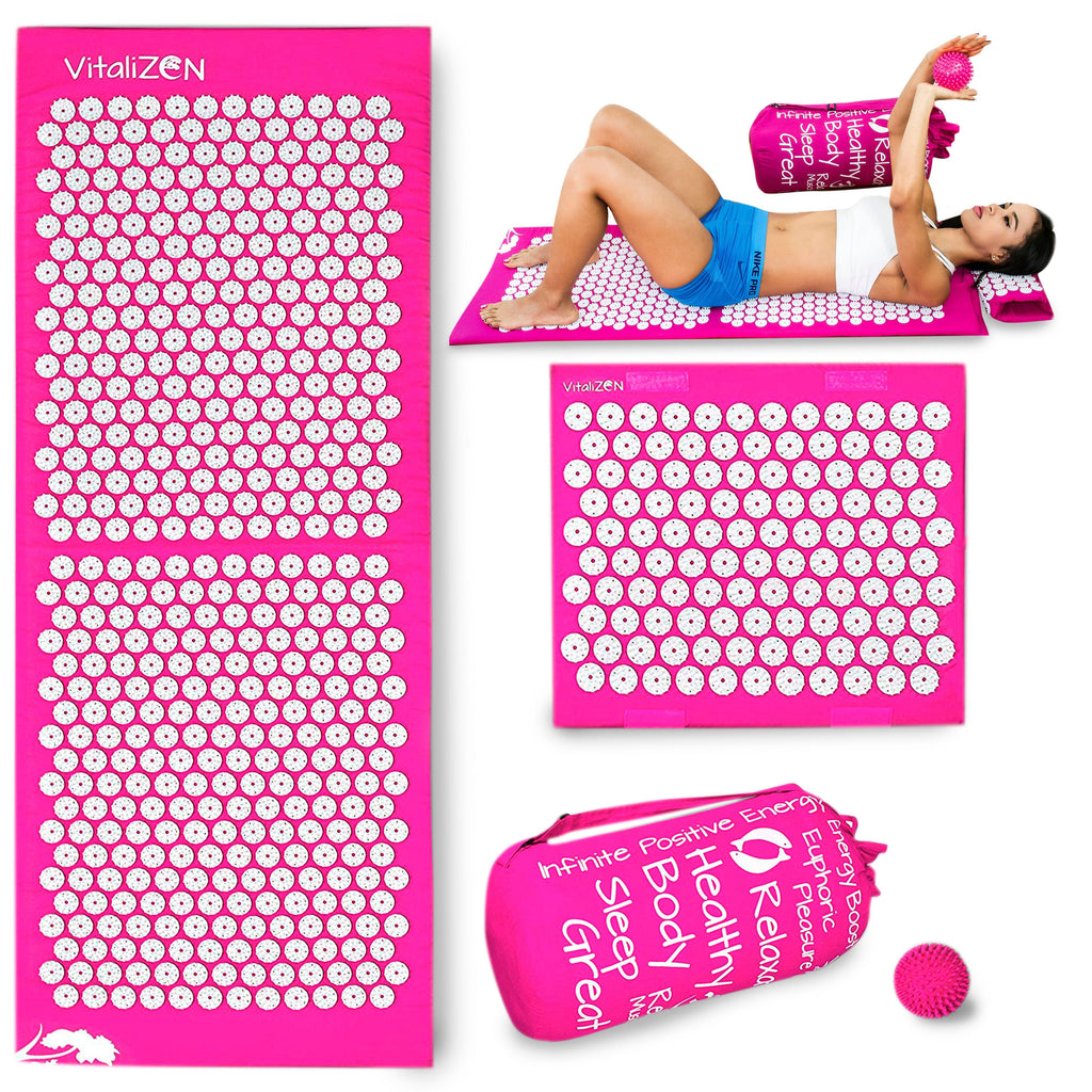 Extra Long 51” & 12,000 Spikes Pink Acupressure Mat Set for Back Pain Relief & Muscle Relaxation. Free Massage Ball, Travel-Size Mat & Carrying Bag