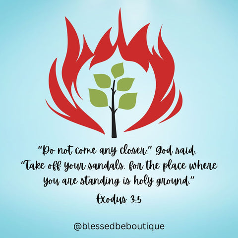 Image of a burning bush on a blue background with the words "do not come any closer" God said "take off your sandals for the place where you are standing is holy ground." Exodus 3:5