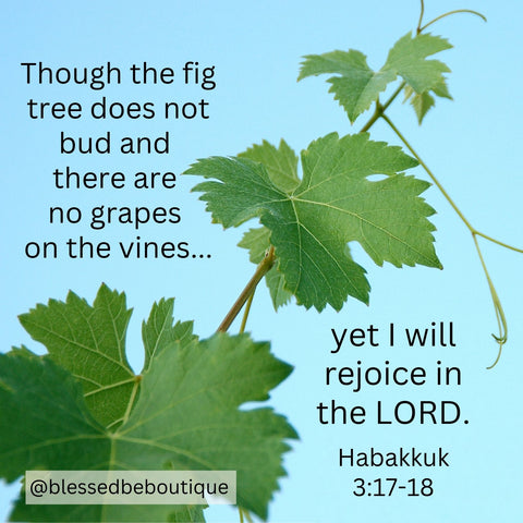 Image of leaves with the words "Though the fig tree does not bug and there are no grapes on the vines... yet I will rejoice in the Lord. Habakkuk 3:17-18"