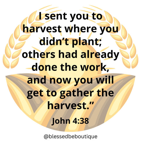 Image of a field of wheat with the words "I sent you to harvest where you didn't plant; others had already done the work, and now you will get to gather the harvest. John 4:38"