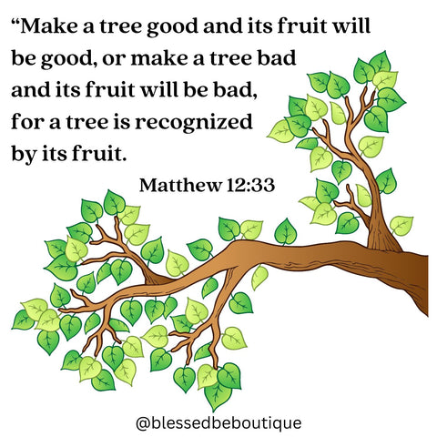image of a tree branch with the words "make a tree good, and its fruit will be good, or make a tree bad and its fruit will be bad, for a tree is recognized by its fruit. Matthew 12:33"