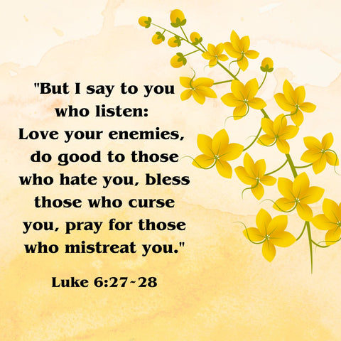 Image of a yellow flower with the words "But I say to you who listen: Love your enemies, do good to those who hate you, bless those who curse you, pray for those who mistreat you. Luke 6:27-28"