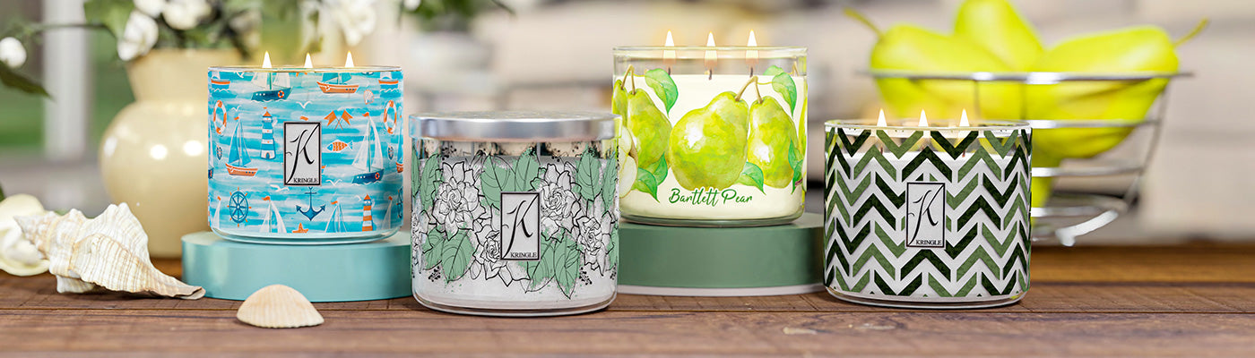 Kringle Designer printed 3-wick candles Bartlett Pear and summer background