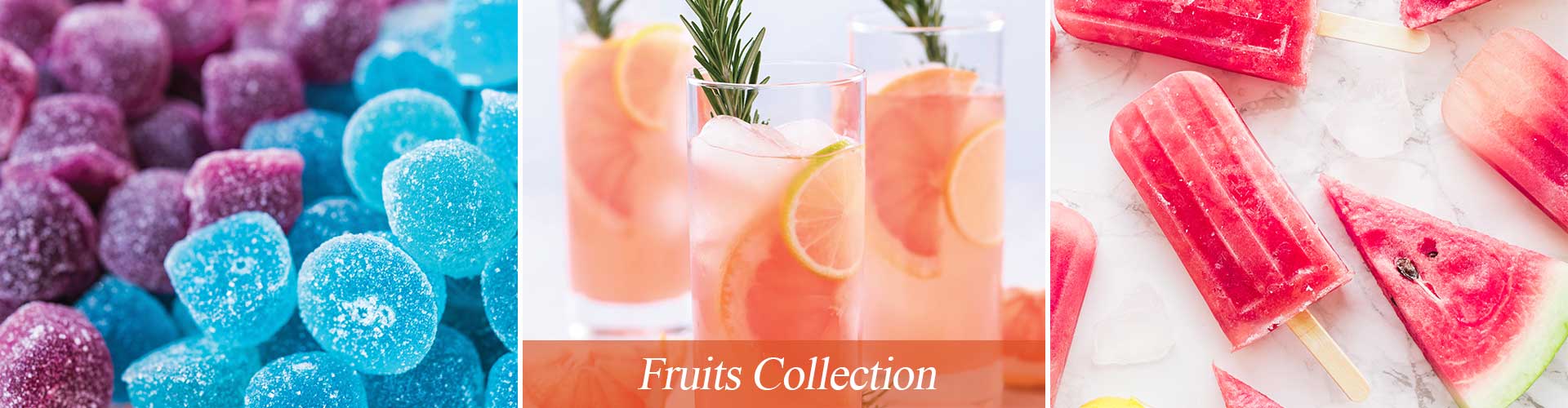 Pineapple, palm leaves, glass of blueberry lemonade and oranges and sage leaves introduce the Country Candle Fruits Candle Collection.