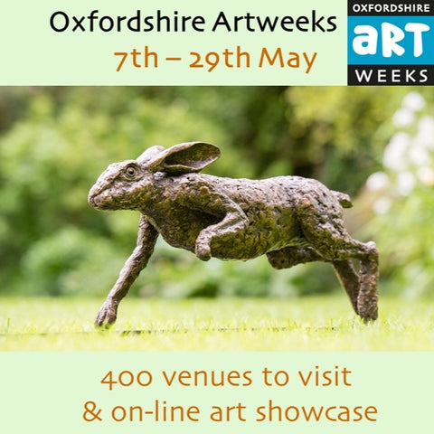 Image of a stone bunny showcasing the Artweeks event with details of Oxfordshire Artweeks 7th - 29th May with over 400 venues to visit & online art showcase