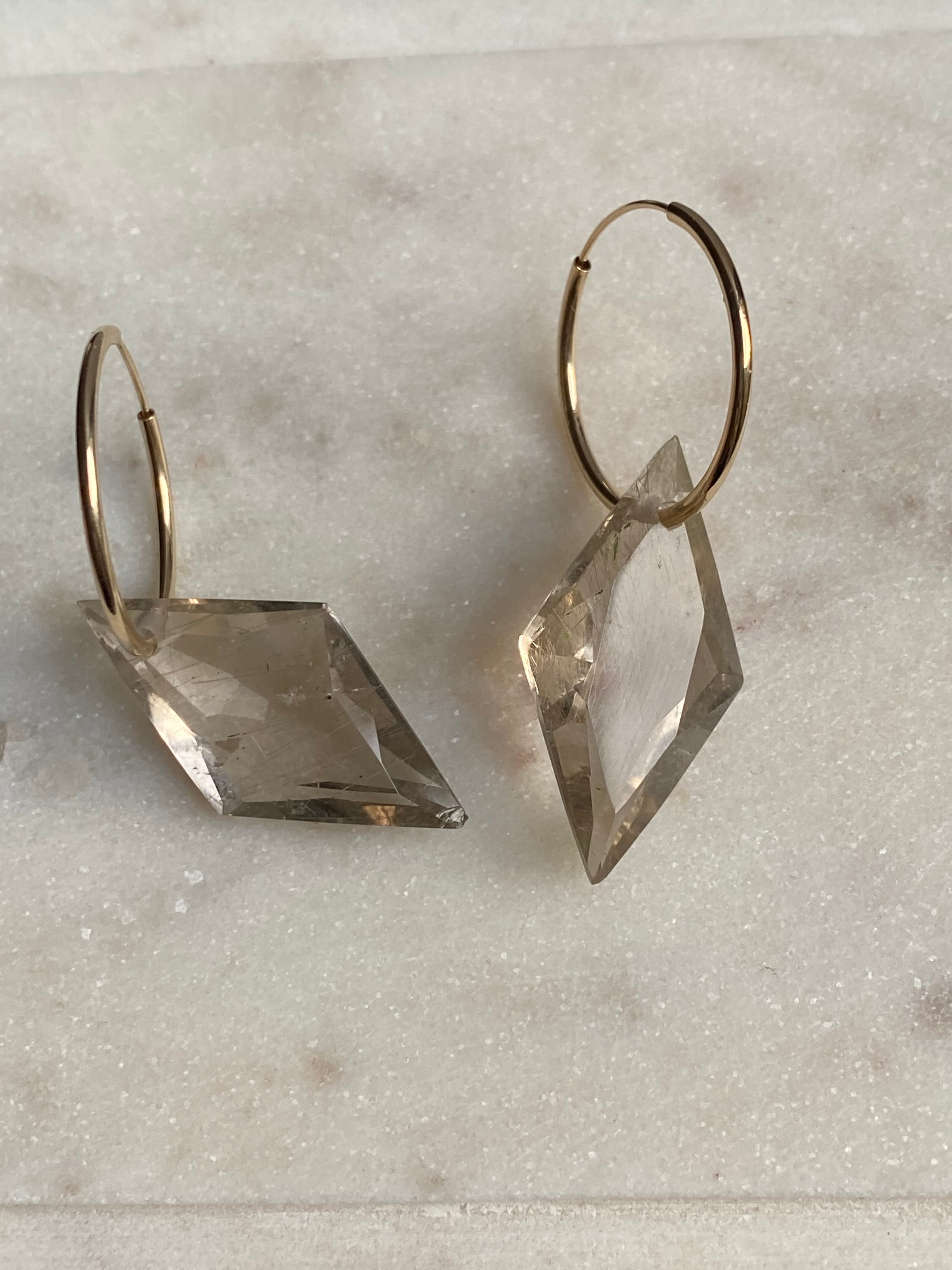 SINGLE Golden Rutile Quartz Diamond Cut on Gold Hoop Earring