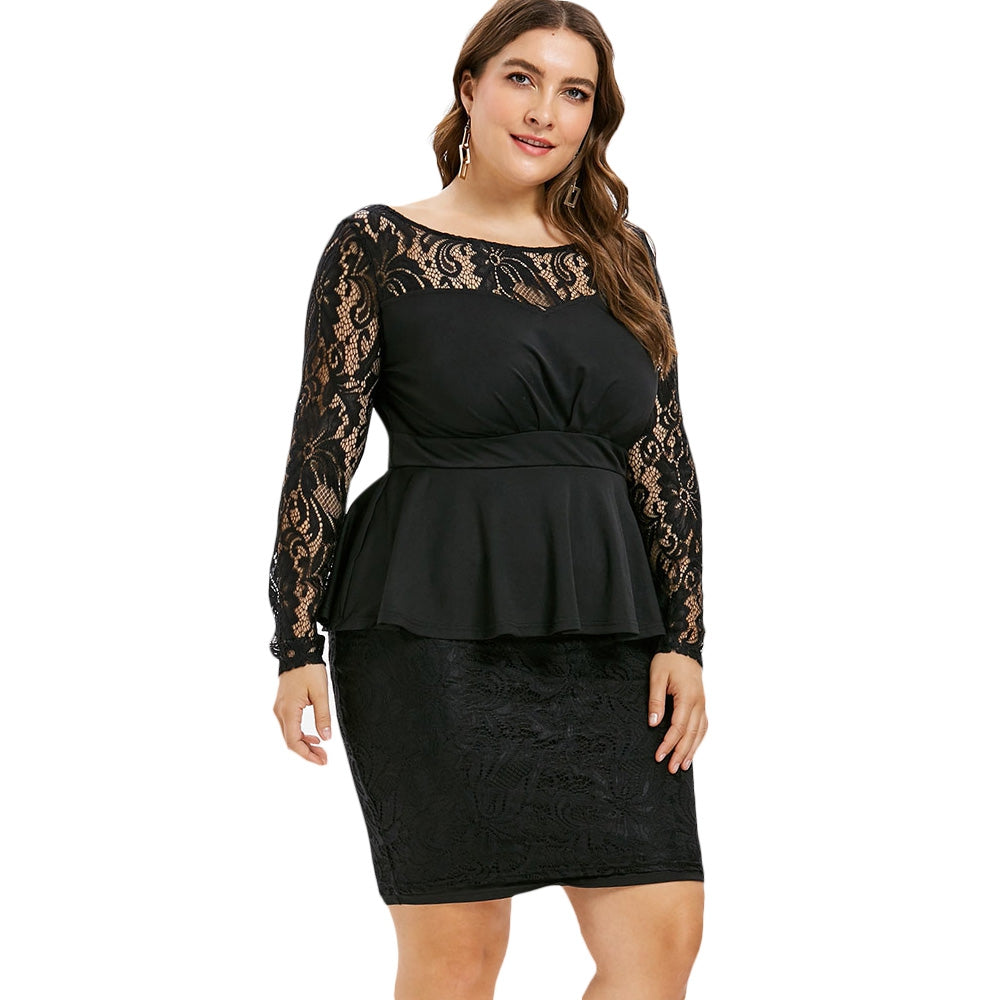 Plus Size Lace Peplum Dress With Sleeves