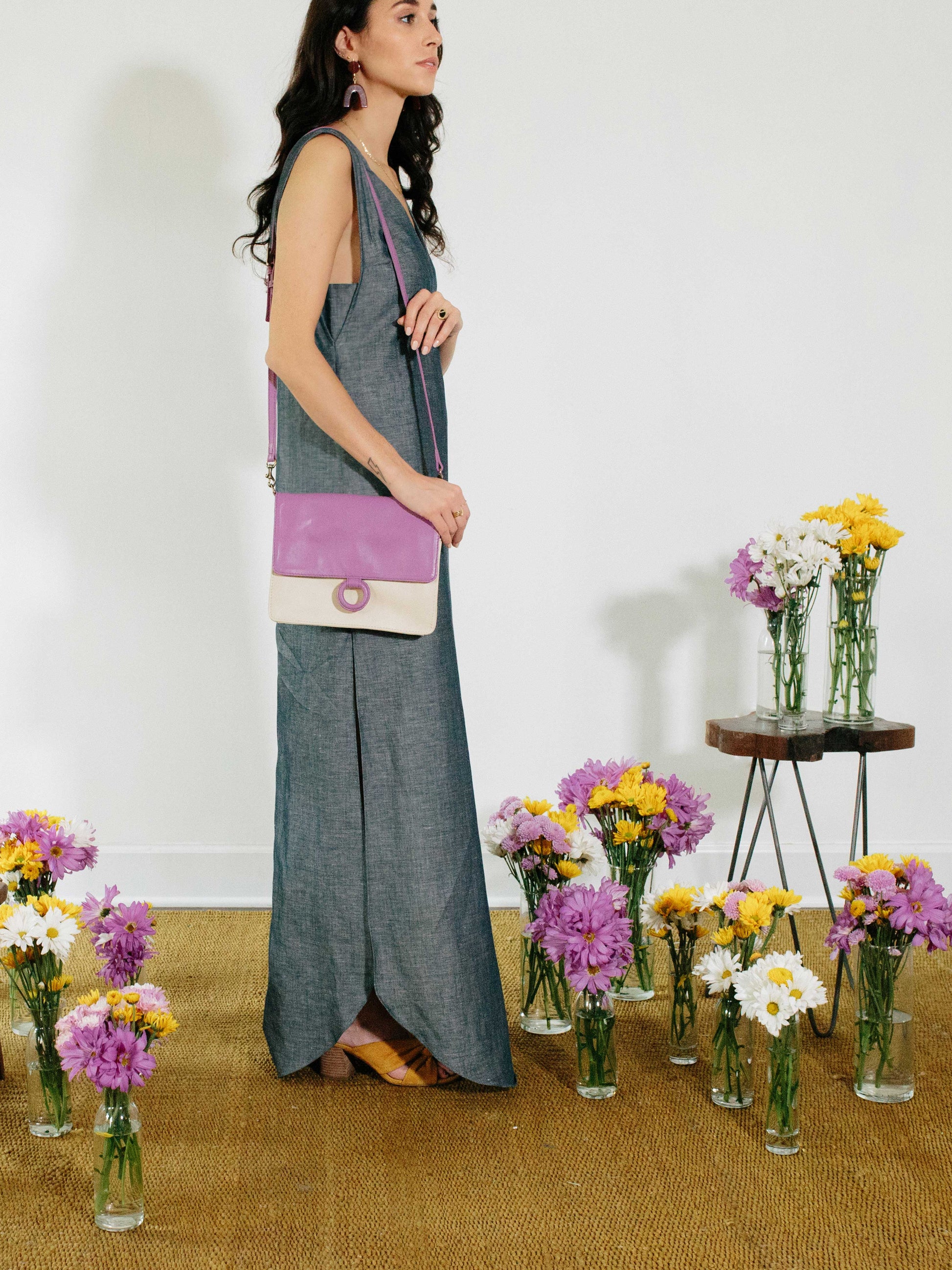 Lavender Leather Crossbody Wallet bag displayed on model on a photoshoot- by Payton James Nashville Handbag designer