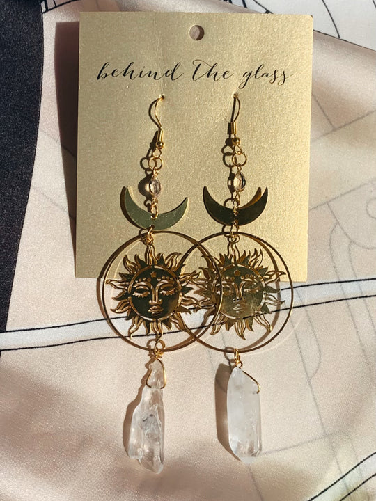 White Crystal Sun Moon Earrings