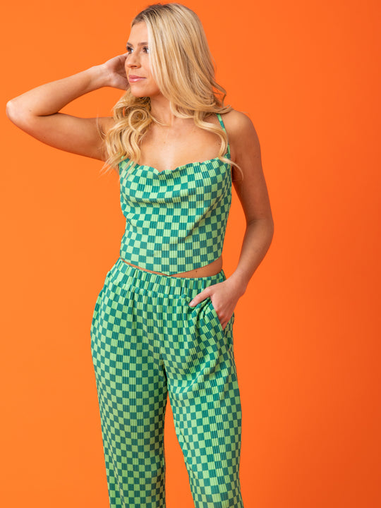 The Check Mate Plisse Halter Top