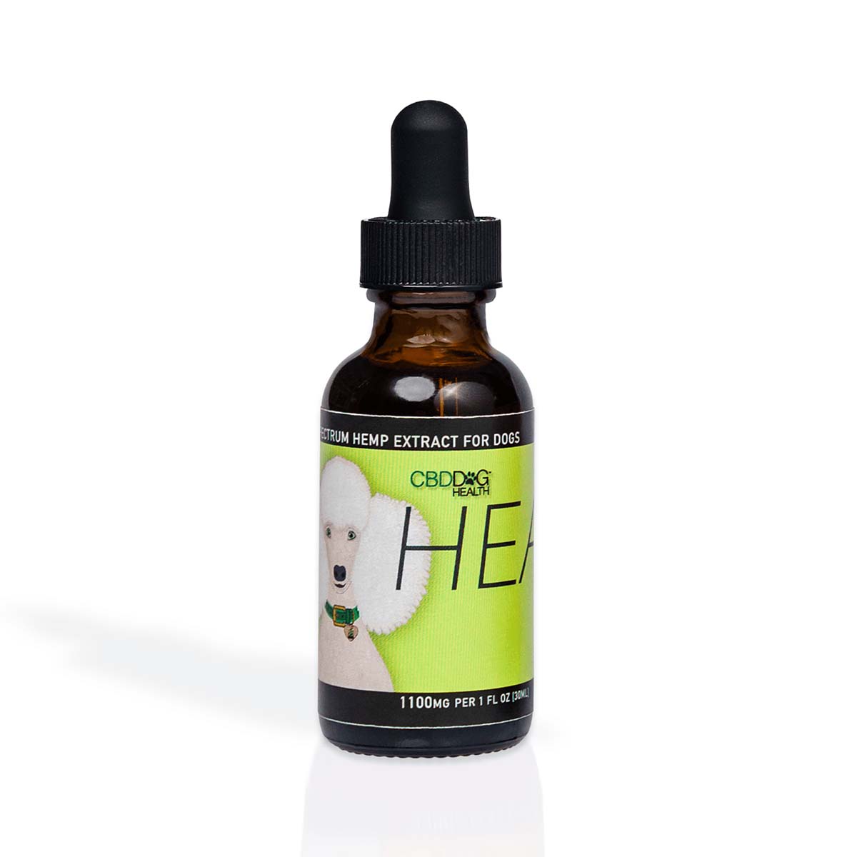 Dropper bottle of CBDDog Health HEAL CBD Oil with a green label and picture of a poodle