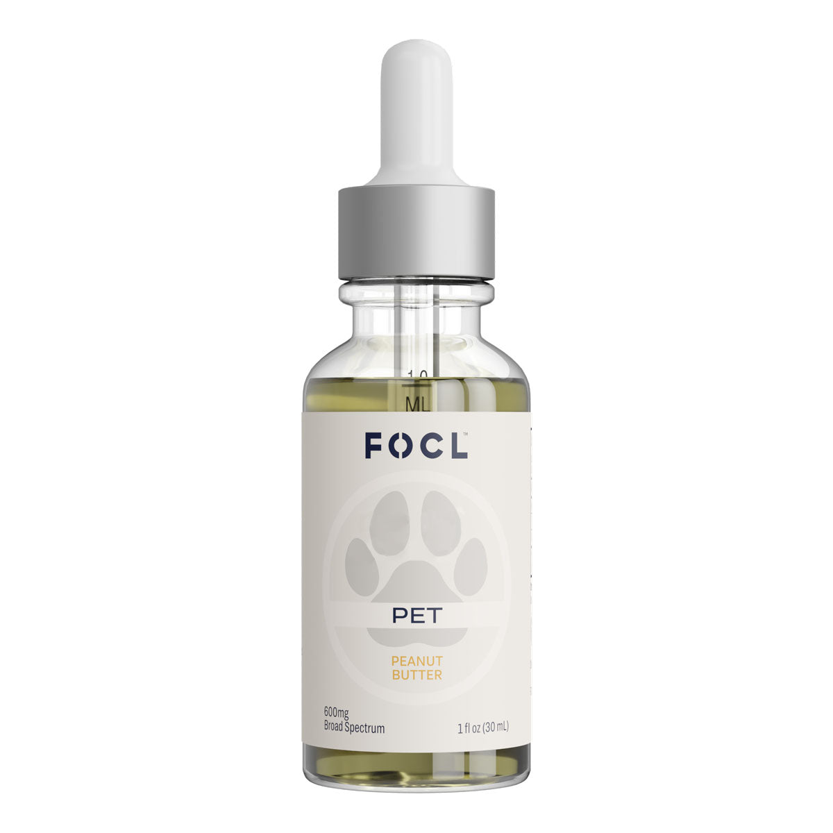 a dropper bottle of FOCL Premium CBD Pet Drops in Peanut Butter with light green label