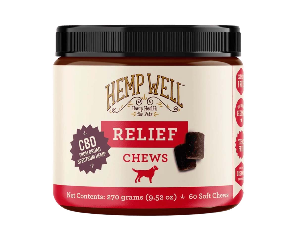 Plastic jar of Hemp Well Relief CBD Dog Chews with tan and red label