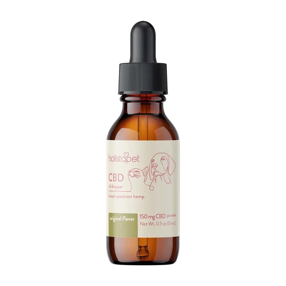 Brown dropper bottle of HolistaPet CBD Oil for Dogs with tan label