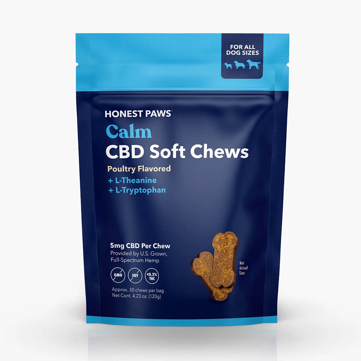 a blue bag of Honest Paws Calm Soft Chews dog treats