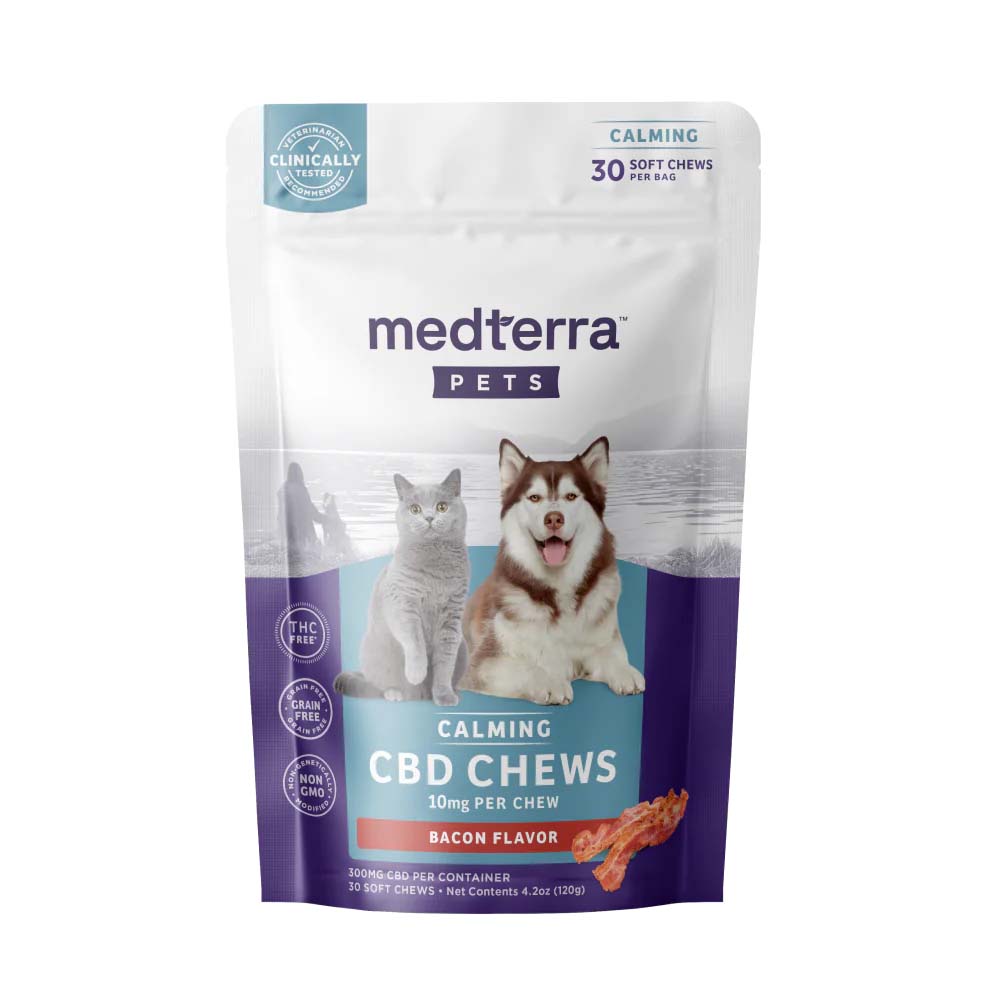 a purple and white bag of Medterra CBD Calming Pet Chews