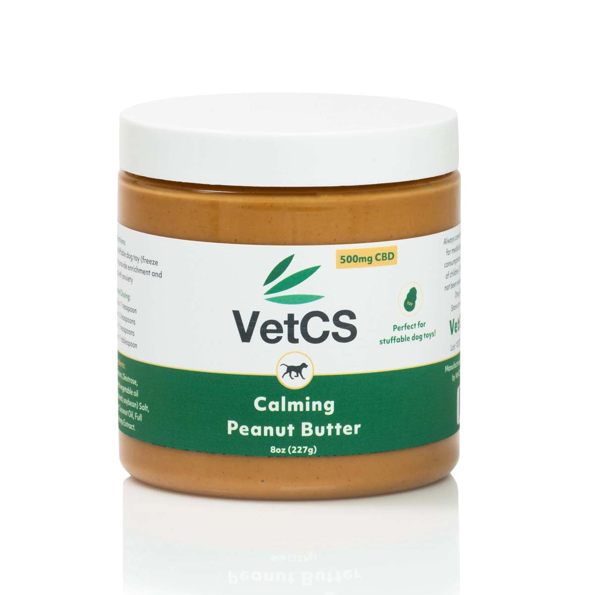 Plastic jar of VetCS CBD Calming Peanut Butter with green and white label