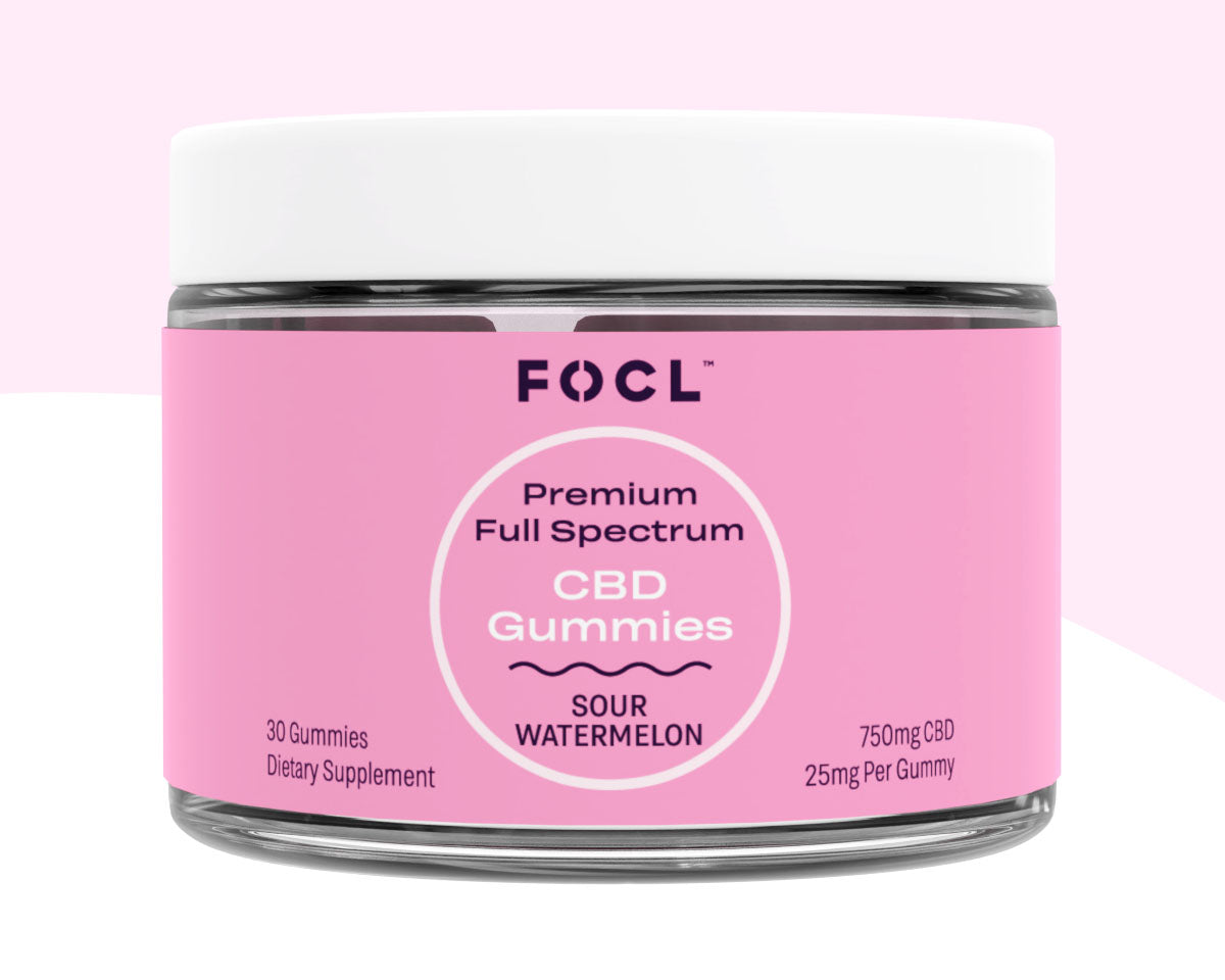 A container of FOCL Full Spectrum CBD Gummies in Sour Watermelon flavor.