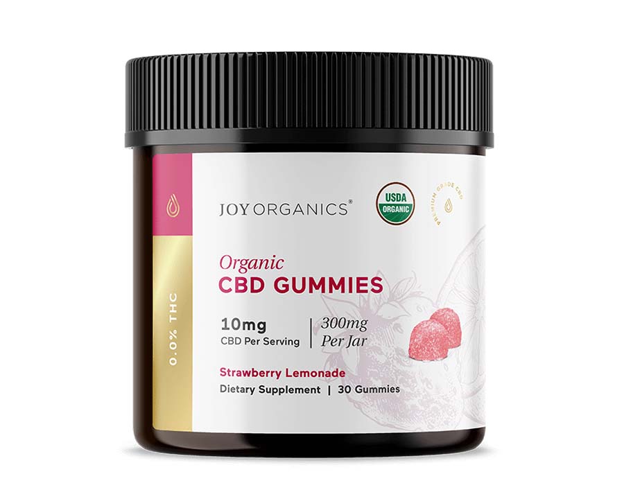 A container of Joy Organics CBD Gummies.
