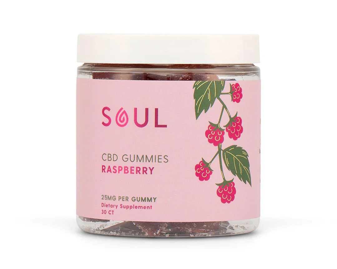 A container of Soul CBD Gummies in Raspberry flavor.