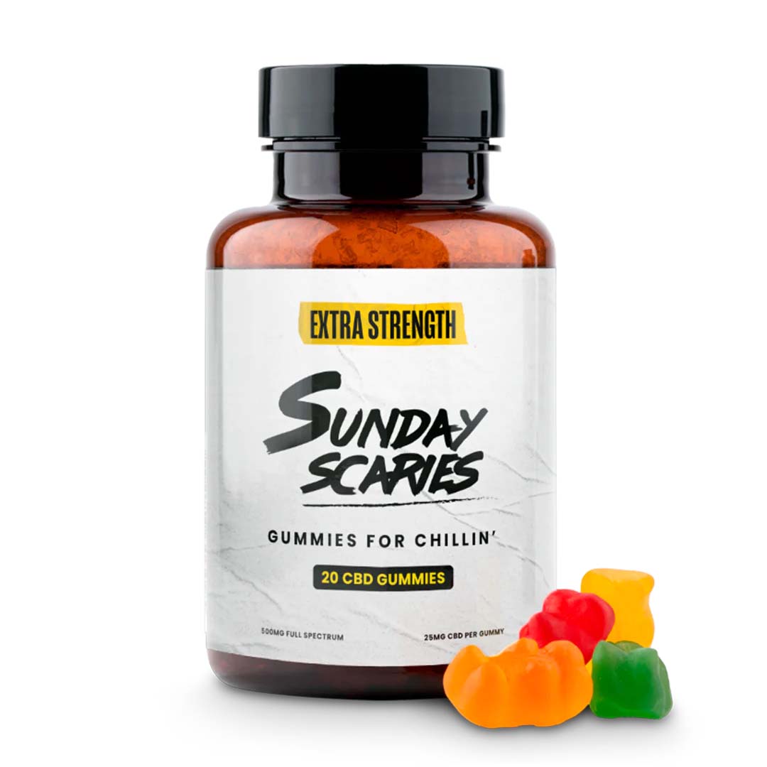 A container of Sunday Scaries Extra Strength CBD Gummies.