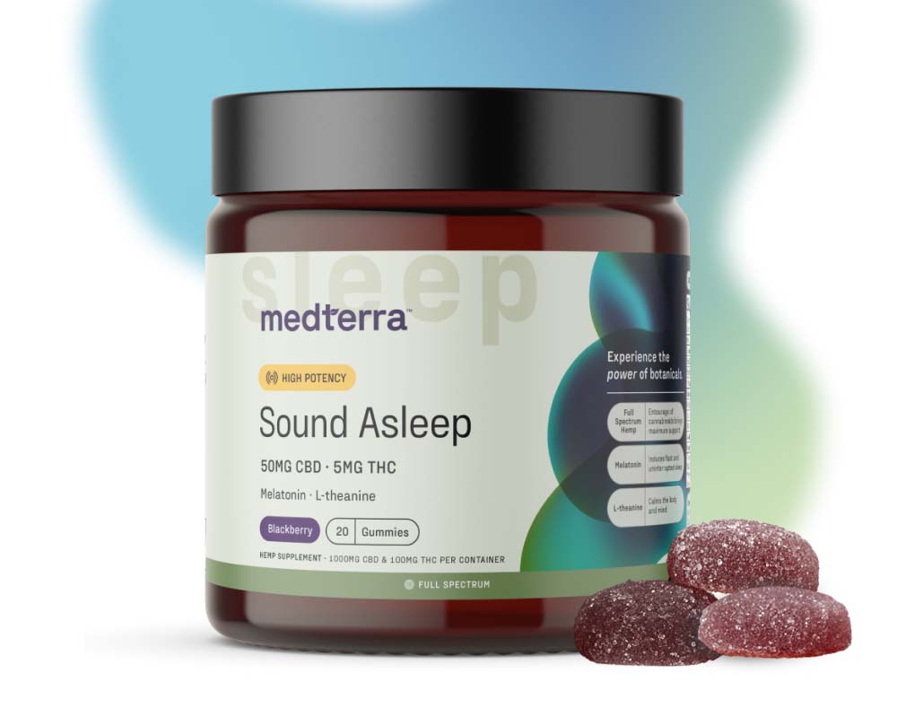 a jar MedTerra Sound Asleep Gummies with three dark red gummies