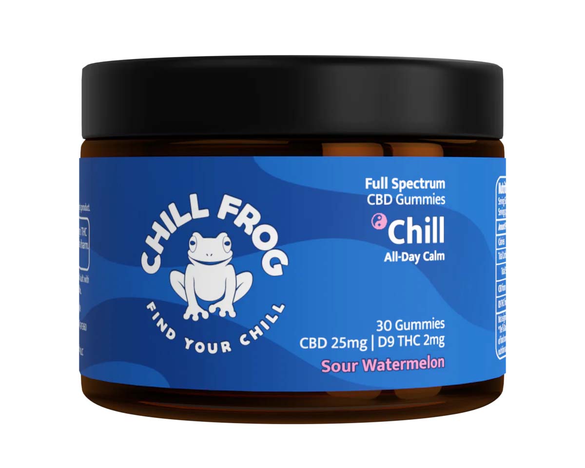 A bottle of Chill Frog CBD + THC Gummies with blue label.