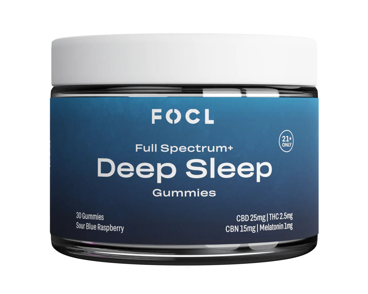 Jar of FOCL Deep Sleep CBD gummies with dark blue label