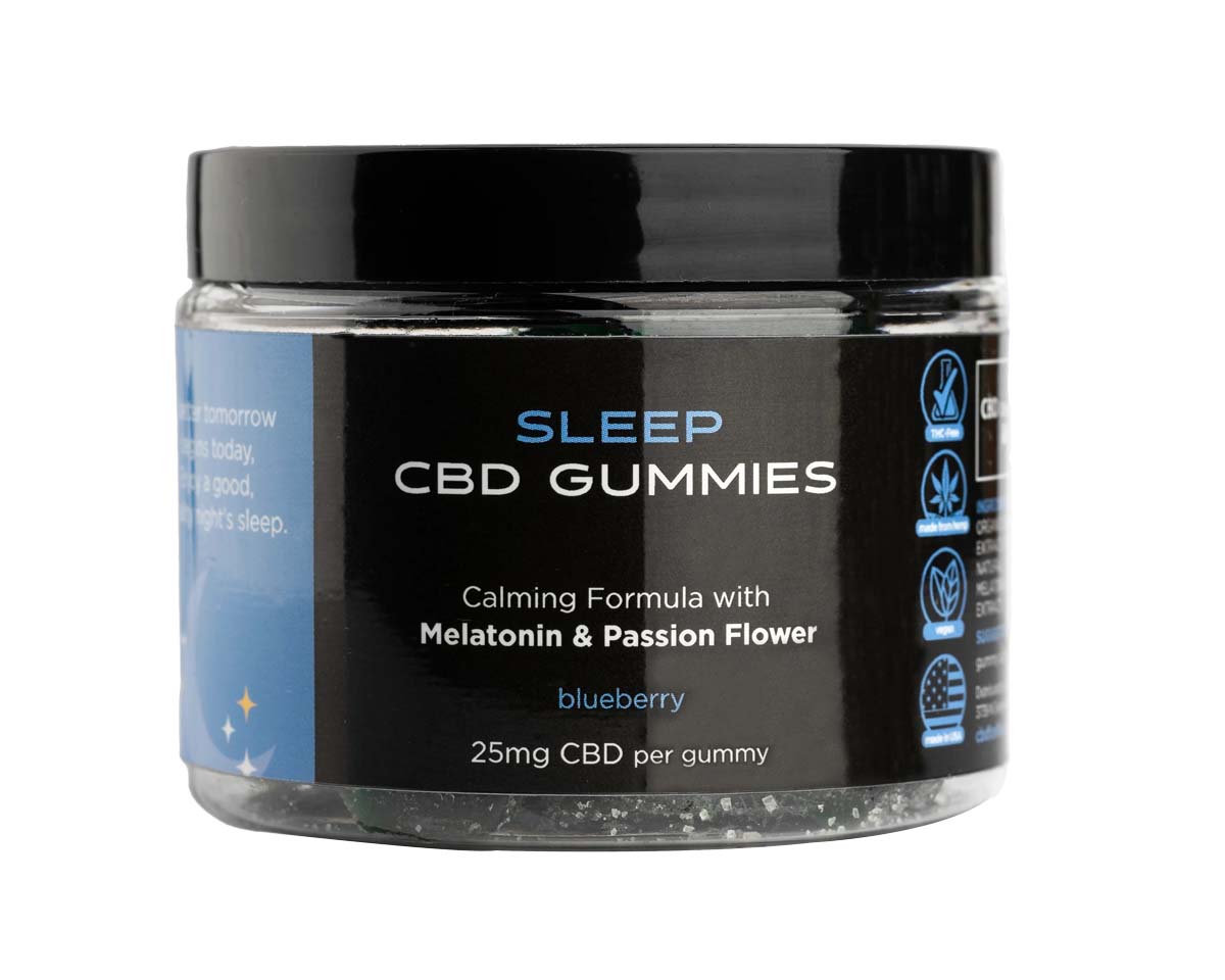 Jar of CBD gummies with black and blue label