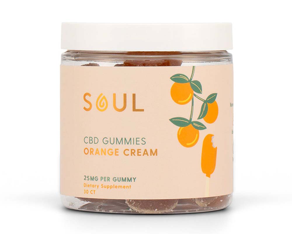 a plastic jar of Soul CBD Gummies in Orange Cream flavor