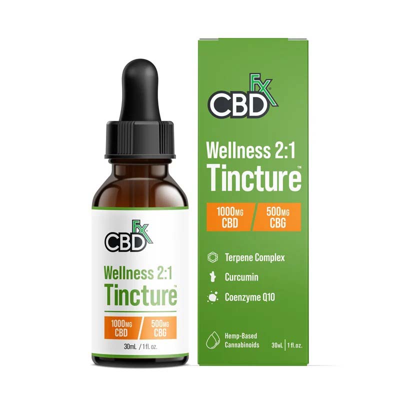 Dropper bottle of CBD oil with white and green label next to green box