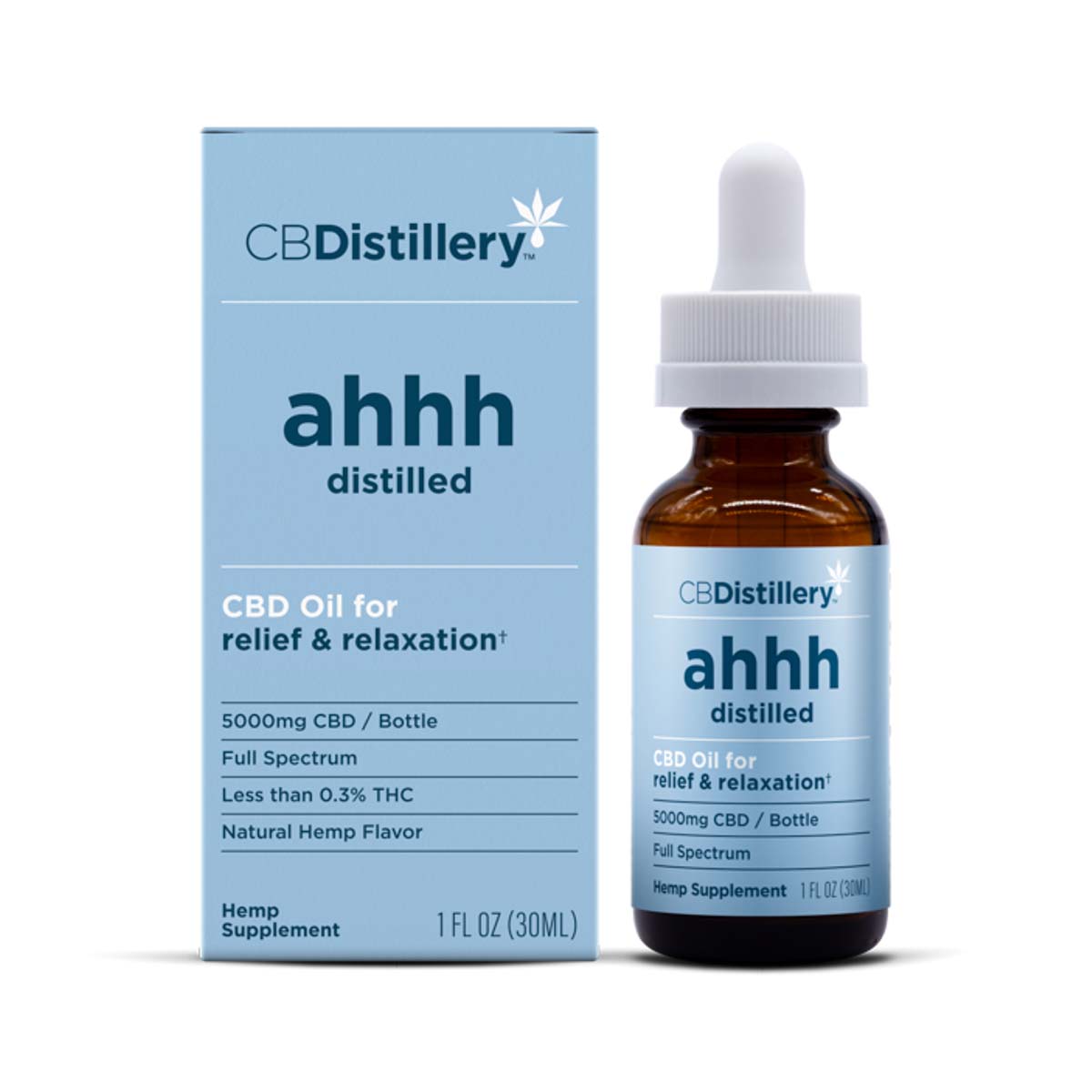 A blue box of CBD oil next to brown bottle with blue label