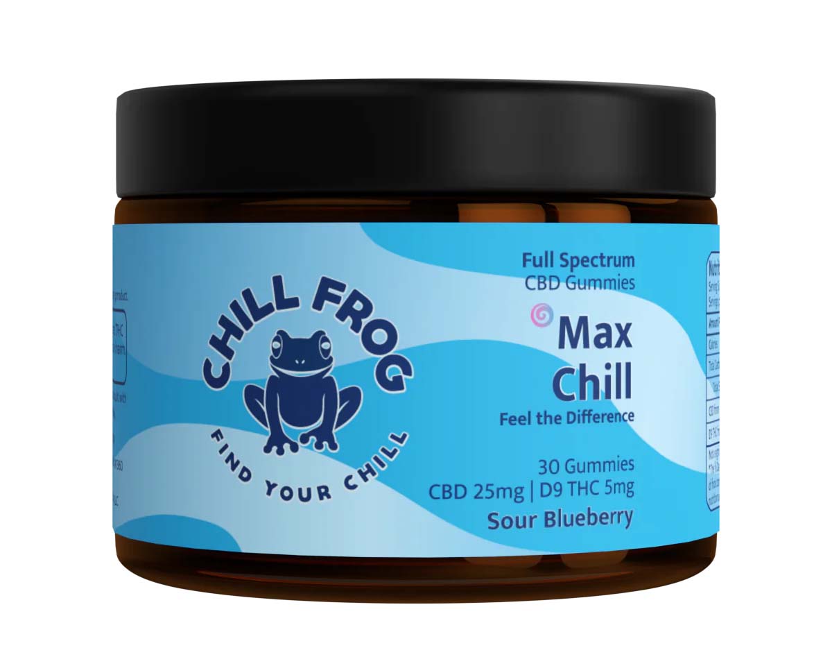 Blue jar of Chill Frog Max Chill CBD gummies
