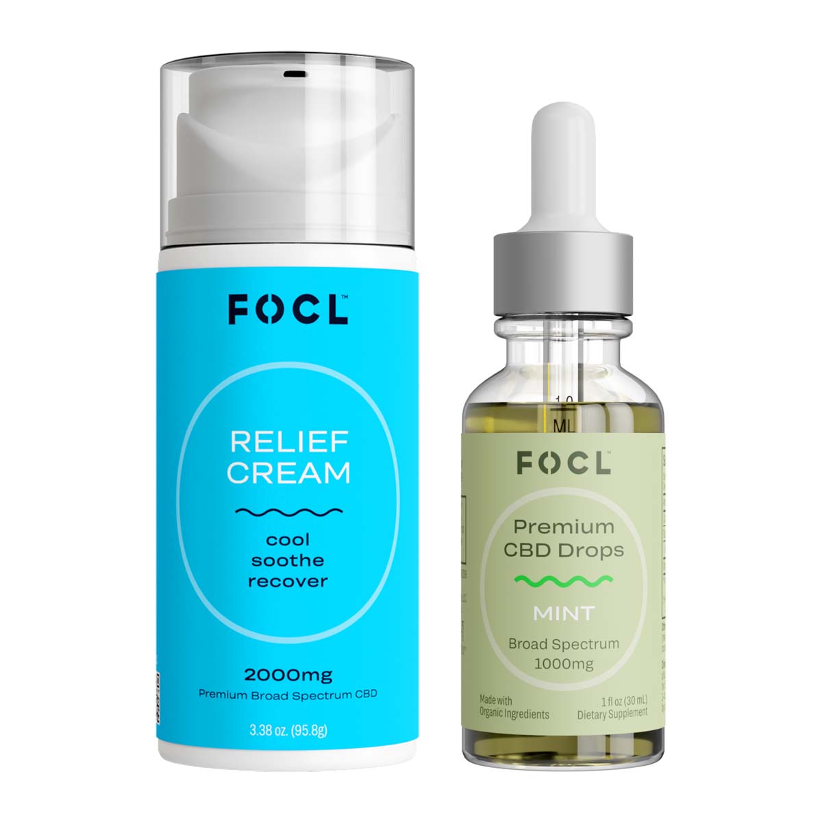 A FOCL Relief Cream pump dispenser next to FOCL Premium CBD Drops glass dropper jar