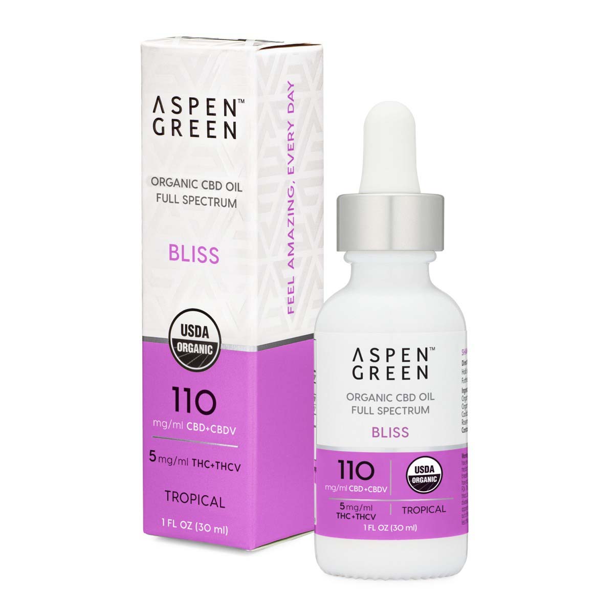 a box and bottle of Aspen Green Bliss Organic CBD Oil