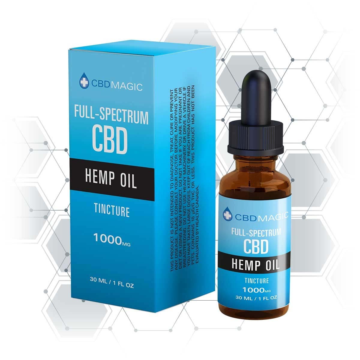 a bottle of CBD Magic Full-Spectrum CBD Oil beside its blue box packaging