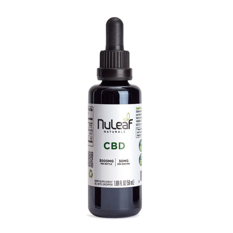 a long bottle of NuLeaf Naturals Full-Spectrum CBD Oil with black dropper