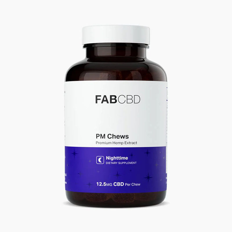 Brown bottle of FabCBD PM Chews with white and purple label