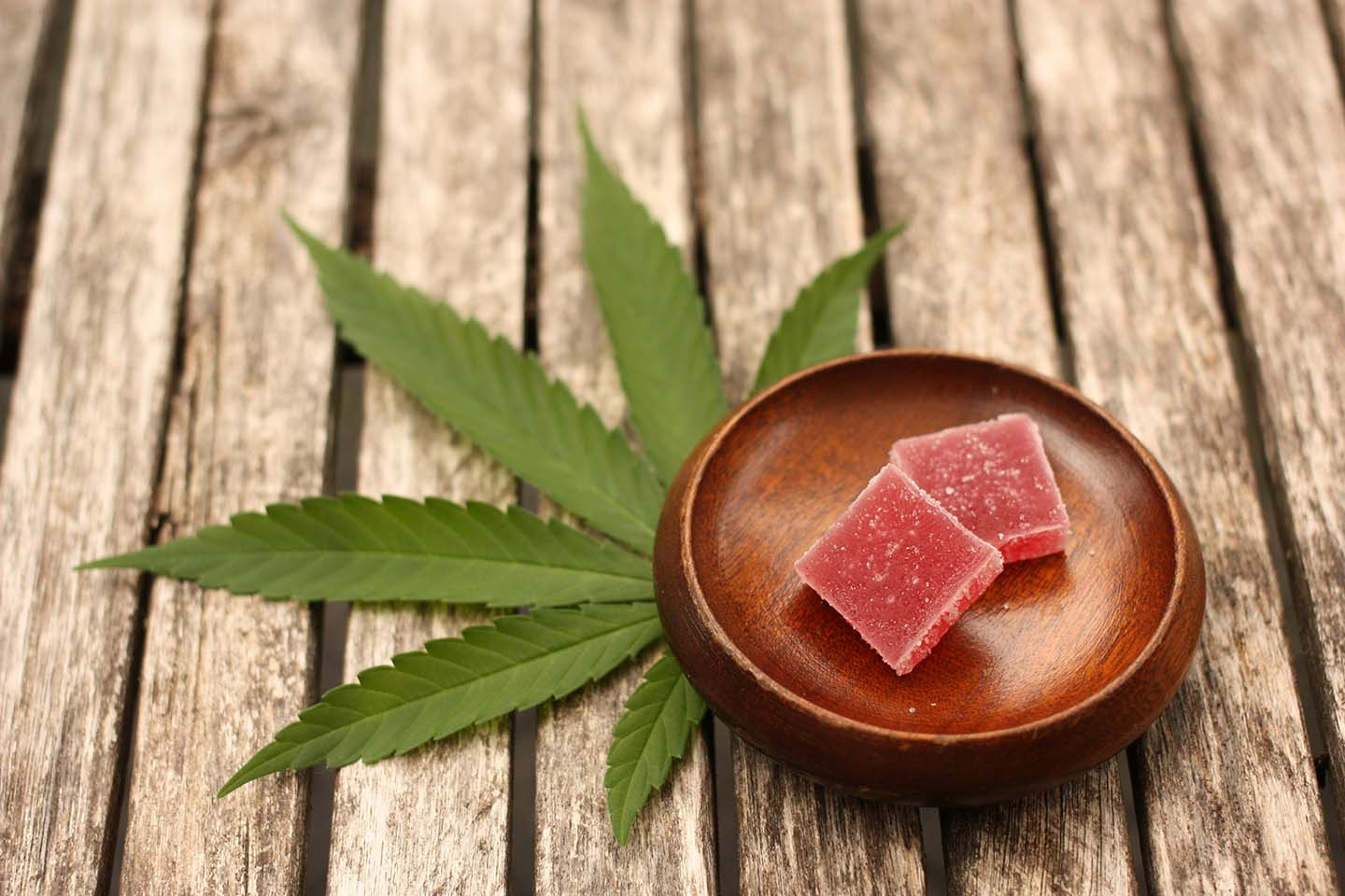 Round dish with two red gummies on top of a hemp leaf